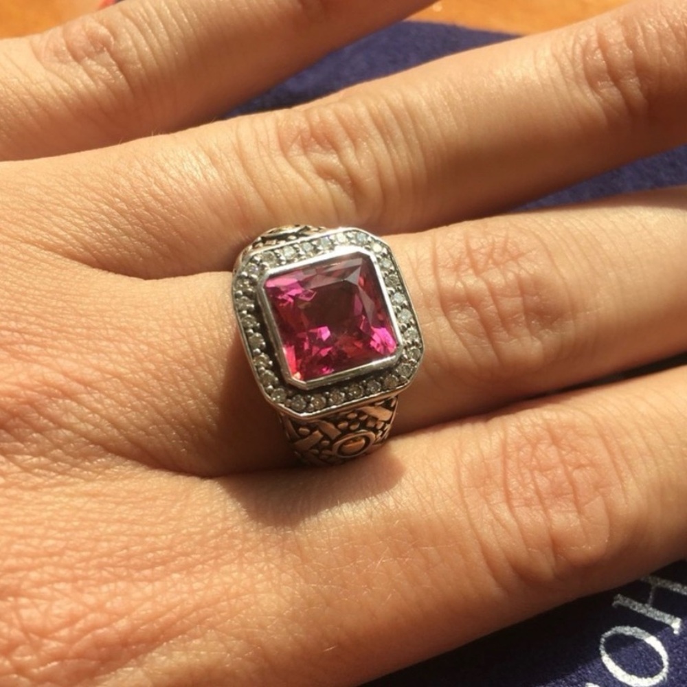 John Hardy Batu Sari Pink Topaz and Diamond Ring, Size 7